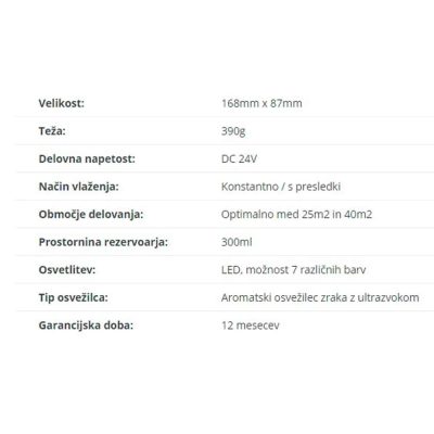 Difuzor Venus - Tehnicne podrobnosti